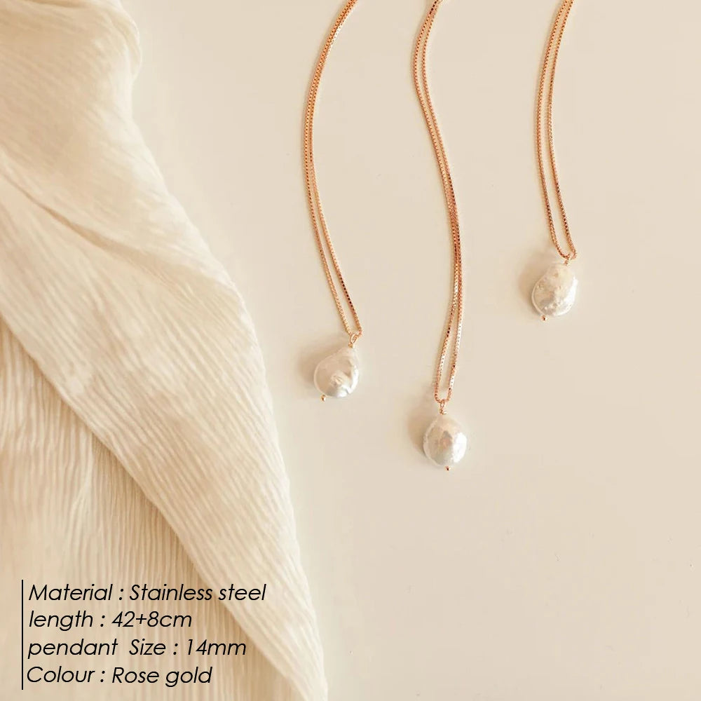 eManco New Freshwater Pearl Pendant Necklace Stainless Steel Chain Jewelry Women's Holiday Gift