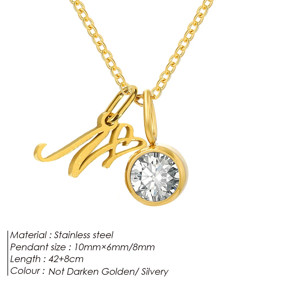 eManco Sparkling Birthstone Necklaces Uppercase Initials A-Z Pendant Stainless Steel Gold Plated Necklace Fashion Women's Jewelr