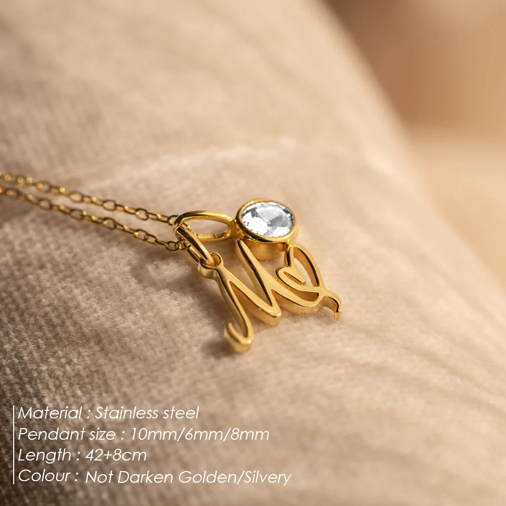 eManco Sparkling Birthstone Necklaces Uppercase Initials A-Z Pendant Stainless Steel Gold Plated Necklace Fashion Women's Jewelr
