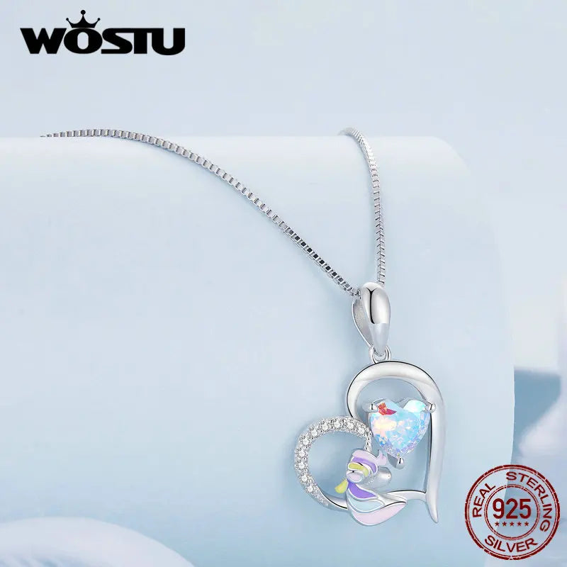 WOSTU Original Unicorn Heart Necklace Dazzling Crystal Zircon Pendant Neck Chain Enamel Process Dreamy Jewelry Gift For Women
