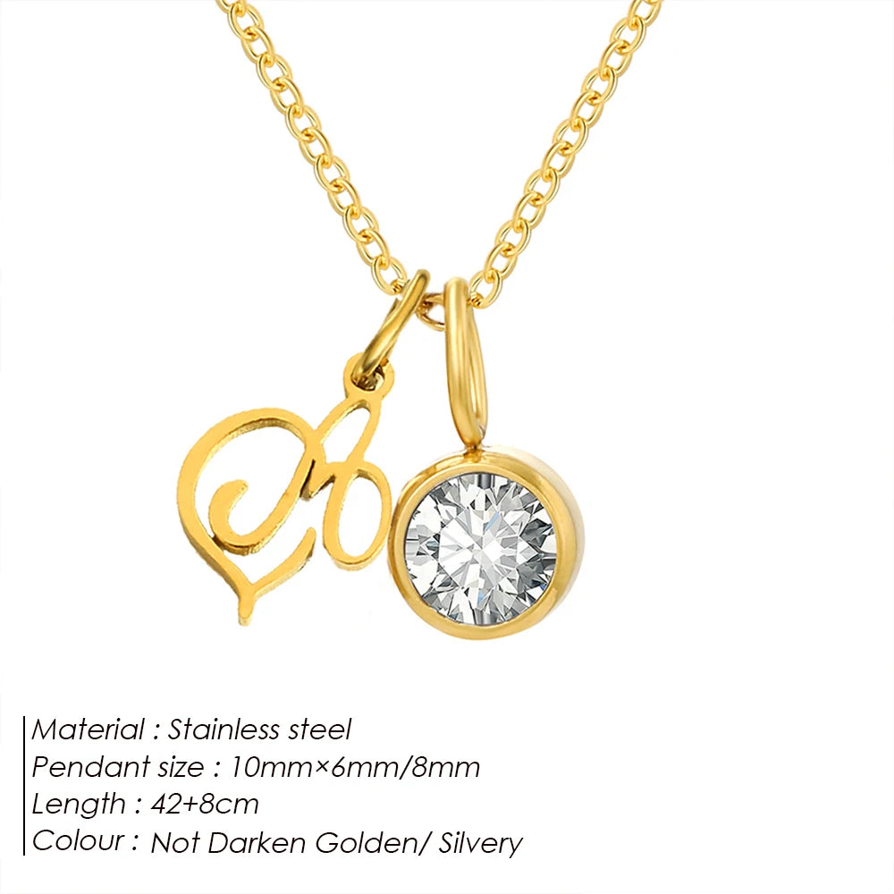 eManco Sparkling Birthstone Necklaces Uppercase Initials A-Z Pendant Stainless Steel Gold Plated Necklace Fashion Women's Jewelr