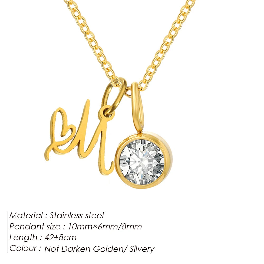 eManco Sparkling Birthstone Necklaces Uppercase Initials A-Z Pendant Stainless Steel Gold Plated Necklace Fashion Women's Jewelr