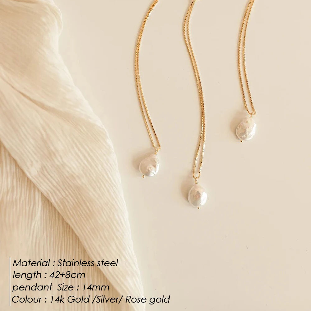 eManco New Freshwater Pearl Pendant Necklace Stainless Steel Chain Jewelry Women's Holiday Gift