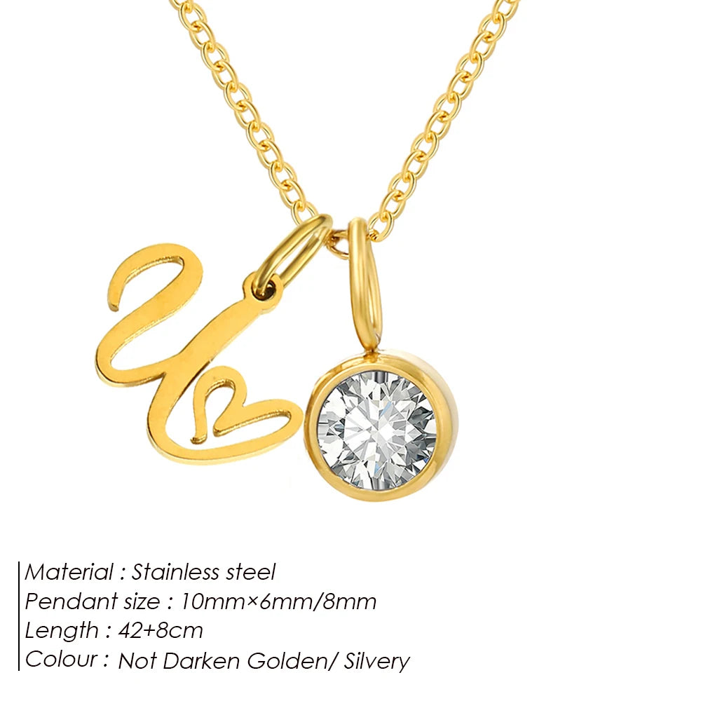 eManco Sparkling Birthstone Necklaces Uppercase Initials A-Z Pendant Stainless Steel Gold Plated Necklace Fashion Women's Jewelr