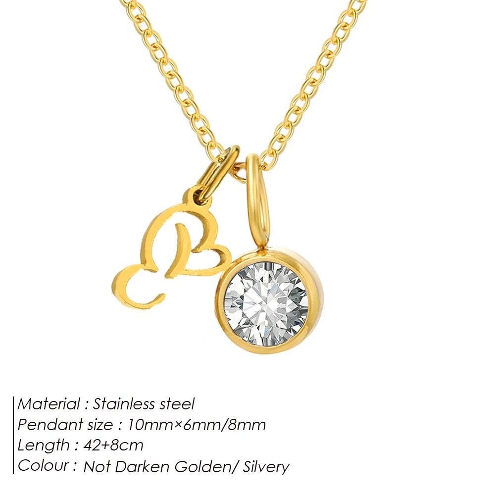 eManco Sparkling Birthstone Necklaces Uppercase Initials A-Z Pendant Stainless Steel Gold Plated Necklace Fashion Women's Jewelr