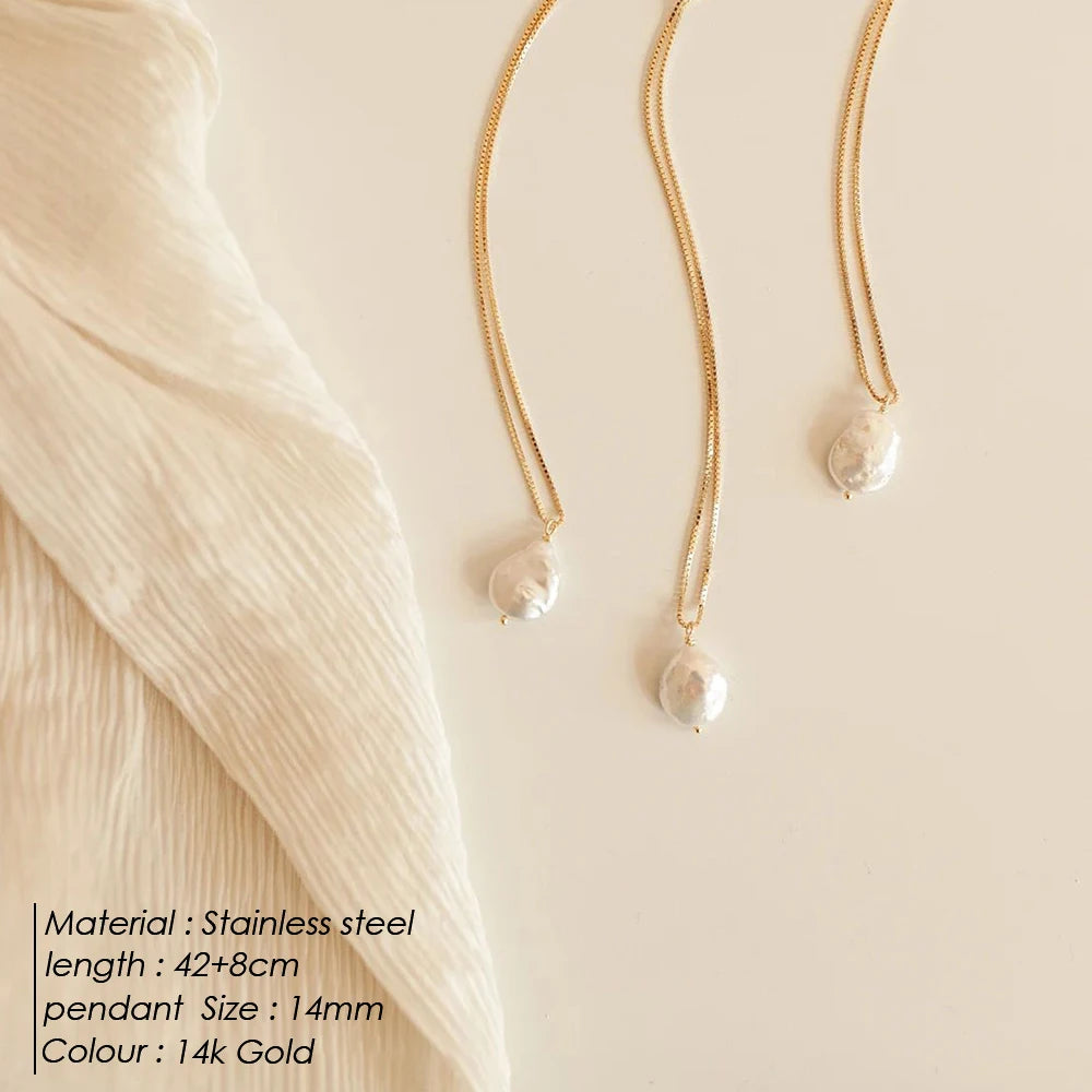 eManco New Freshwater Pearl Pendant Necklace Stainless Steel Chain Jewelry Women's Holiday Gift
