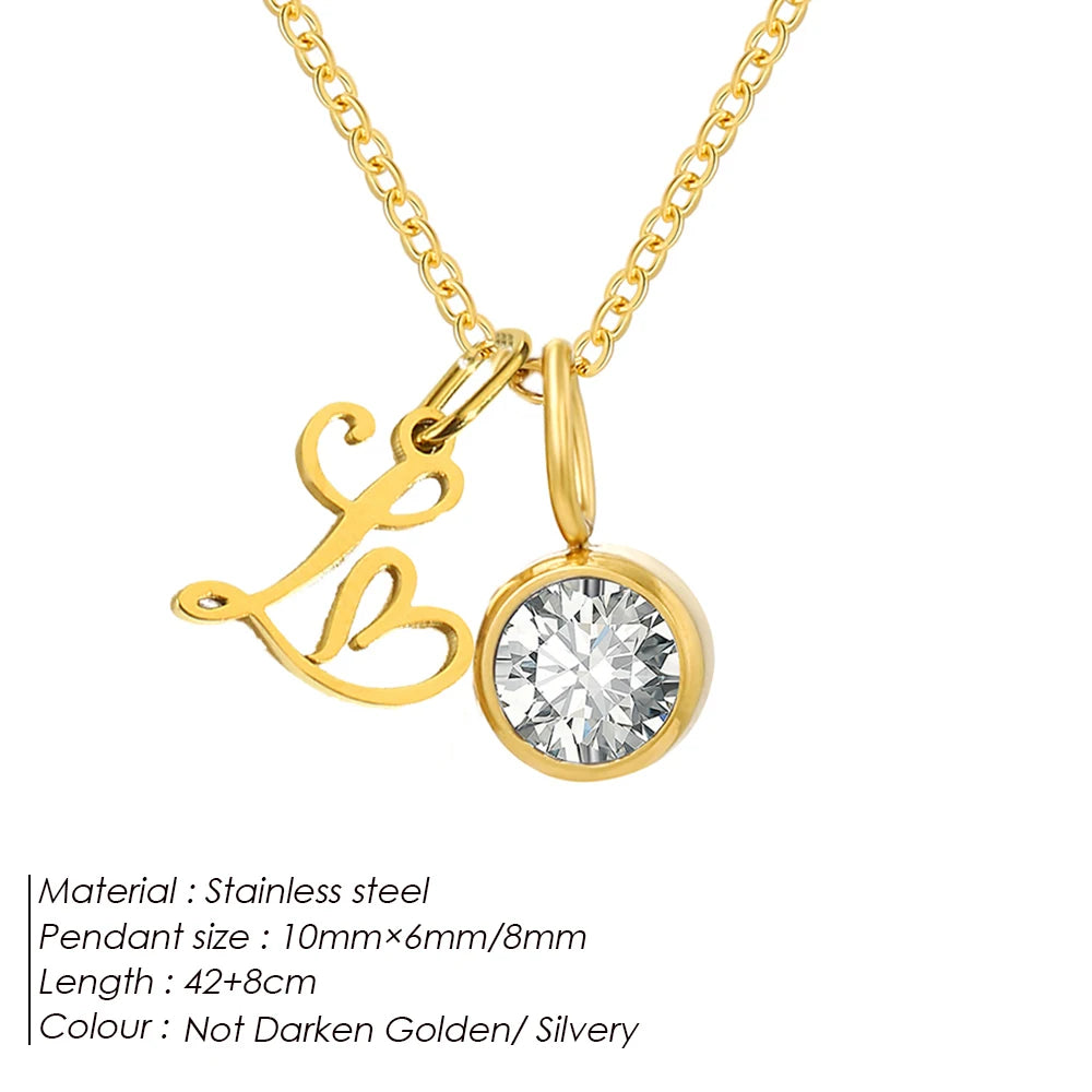 eManco Sparkling Birthstone Necklaces Uppercase Initials A-Z Pendant Stainless Steel Gold Plated Necklace Fashion Women's Jewelr