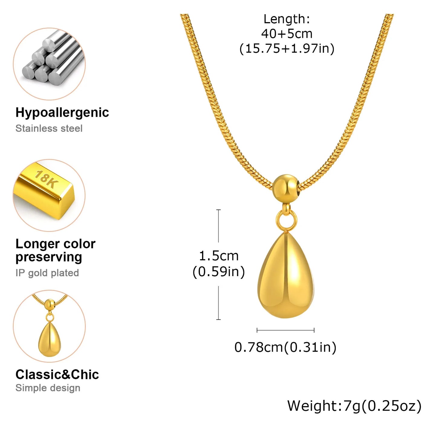 Sliding Water Droplet Pendant Necklace for Women, Waterproof Tear Pendant Necklaces, Gold Plated Stainless Steel Jewelry