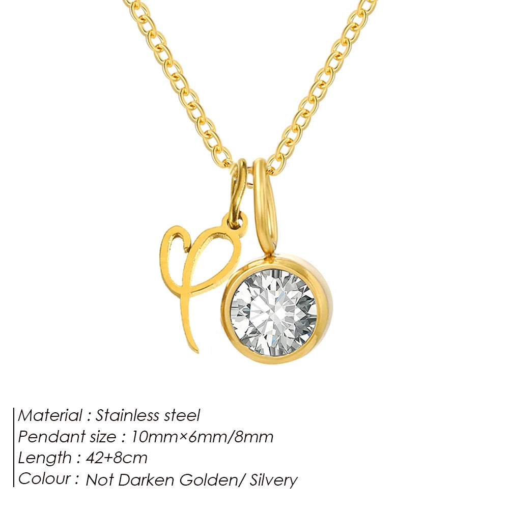 eManco Sparkling Birthstone Necklaces Uppercase Initials A-Z Pendant Stainless Steel Gold Plated Necklace Fashion Women's Jewelr