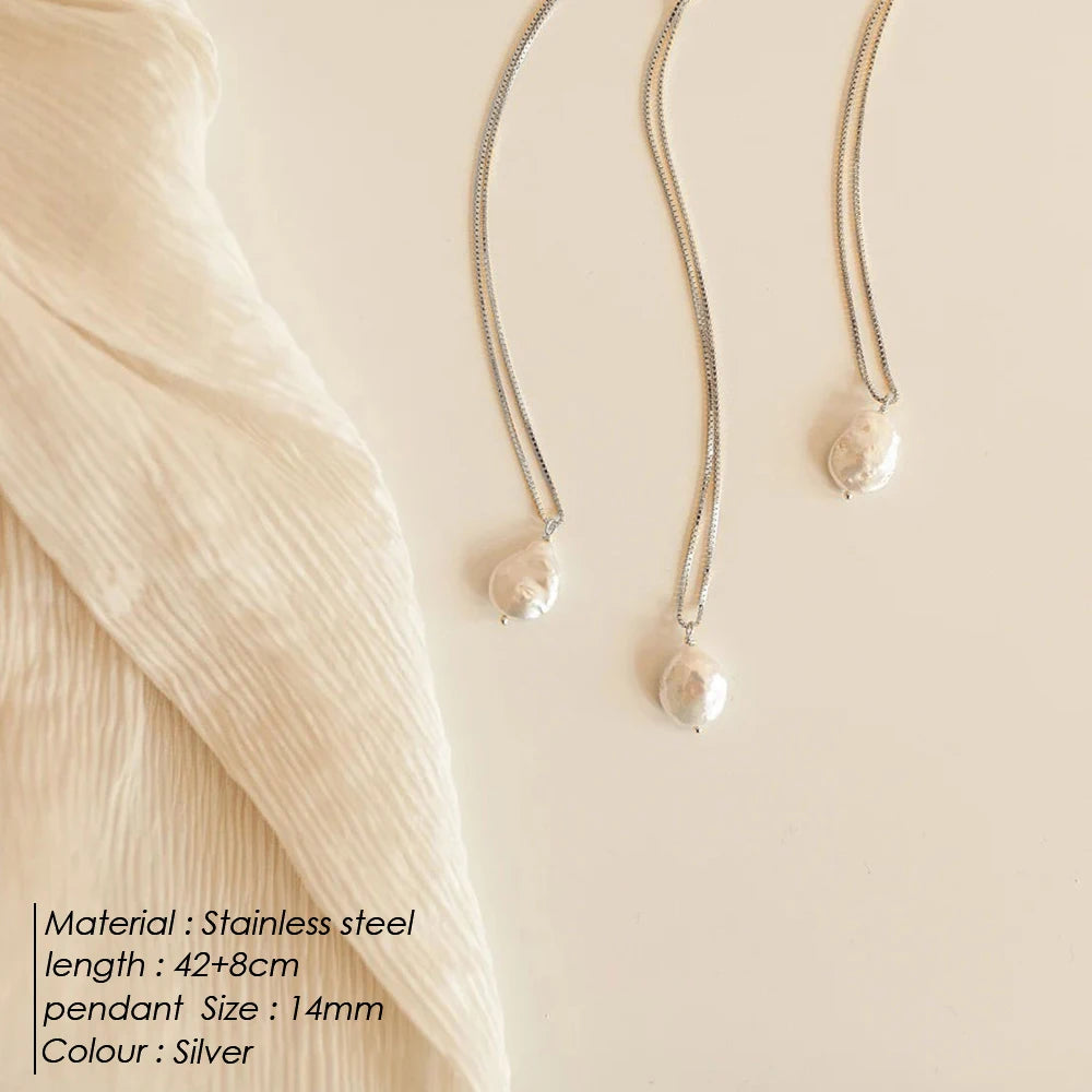 eManco New Freshwater Pearl Pendant Necklace Stainless Steel Chain Jewelry Women's Holiday Gift