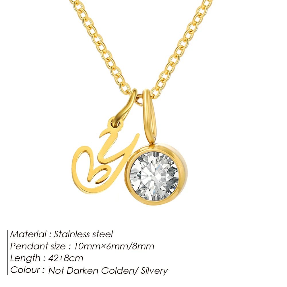 eManco Sparkling Birthstone Necklaces Uppercase Initials A-Z Pendant Stainless Steel Gold Plated Necklace Fashion Women's Jewelr