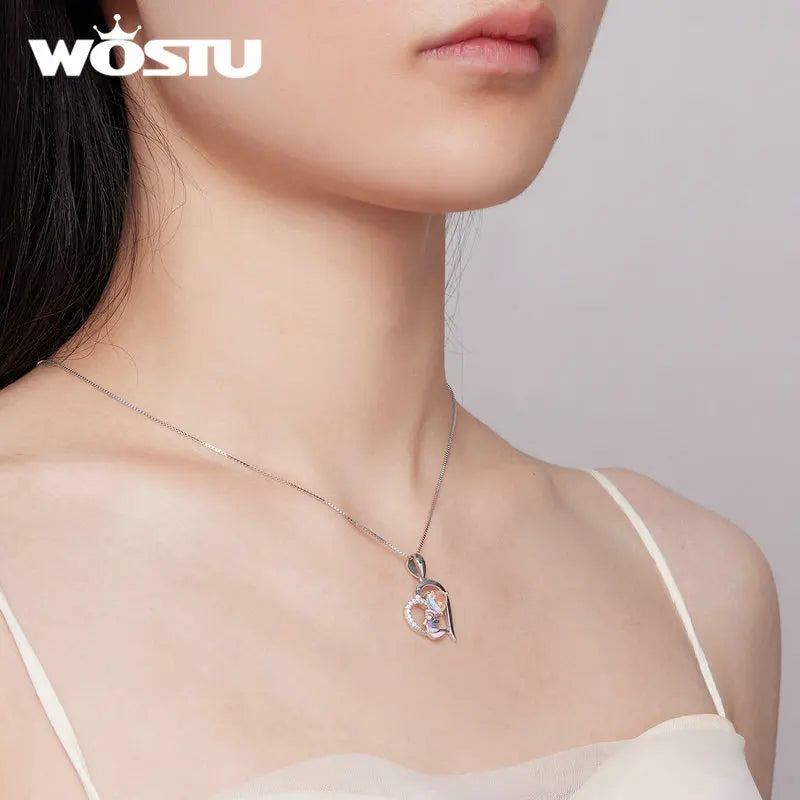 WOSTU Original Unicorn Heart Necklace Dazzling Crystal Zircon Pendant Neck Chain Enamel Process Dreamy Jewelry Gift For Women