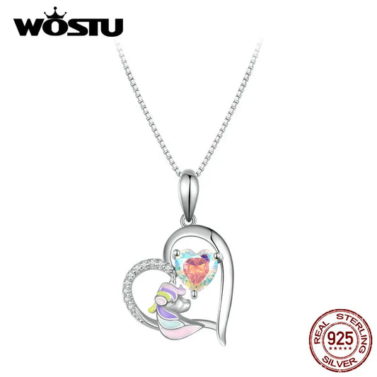 WOSTU Original Unicorn Heart Necklace Dazzling Crystal Zircon Pendant Neck Chain Enamel Process Dreamy Jewelry Gift For Women