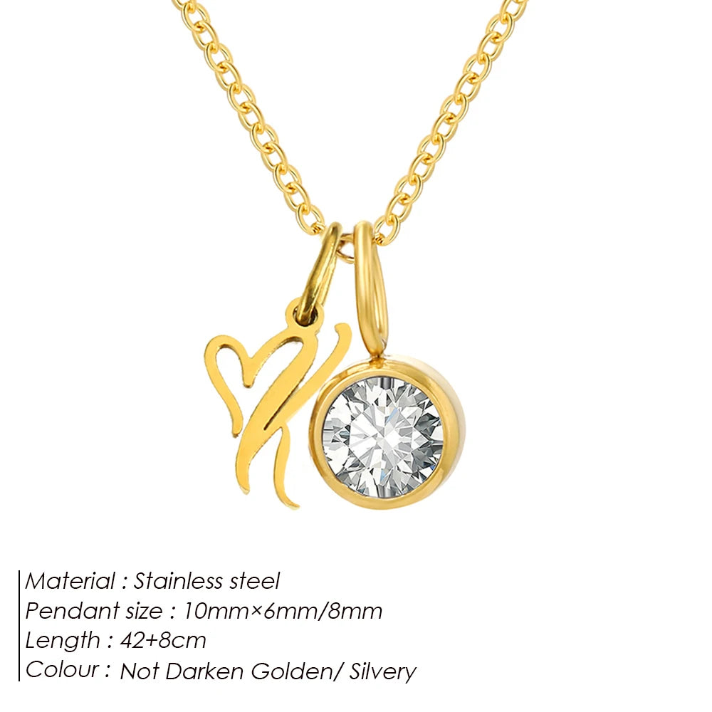 eManco Sparkling Birthstone Necklaces Uppercase Initials A-Z Pendant Stainless Steel Gold Plated Necklace Fashion Women's Jewelr