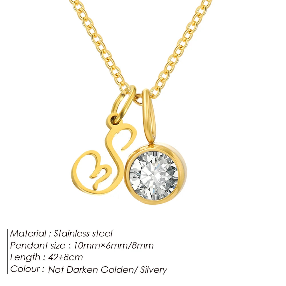 eManco Sparkling Birthstone Necklaces Uppercase Initials A-Z Pendant Stainless Steel Gold Plated Necklace Fashion Women's Jewelr