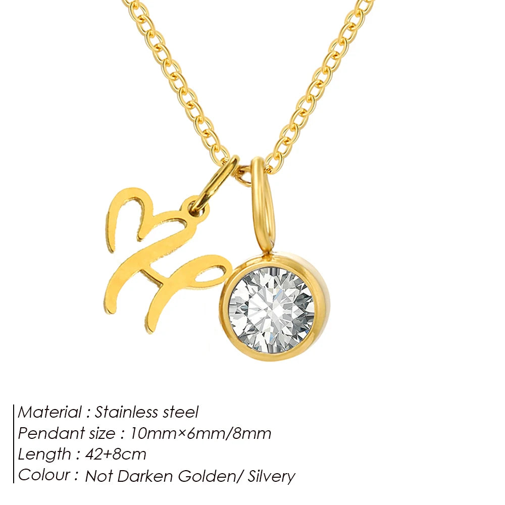 eManco Sparkling Birthstone Necklaces Uppercase Initials A-Z Pendant Stainless Steel Gold Plated Necklace Fashion Women's Jewelr