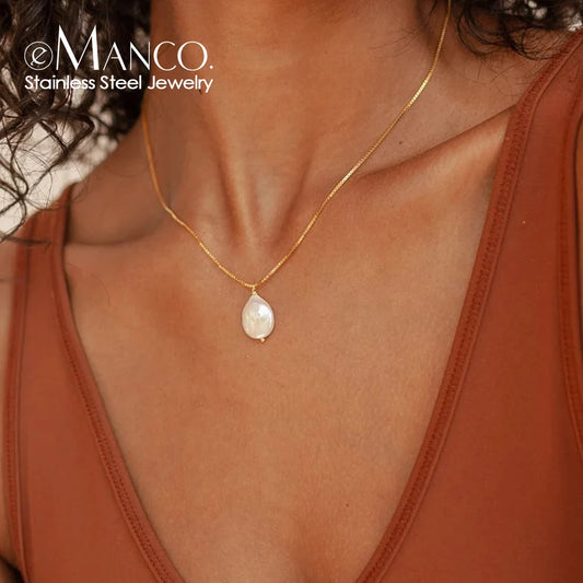 eManco New Freshwater Pearl Pendant Necklace Stainless Steel Chain Jewelry Women's Holiday Gift