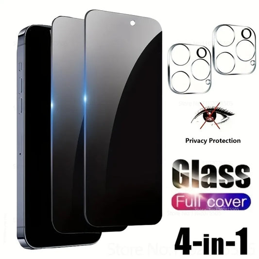 [4-in-1]2Pcs Full Cover Anti-Spy Tempered Glass for IPhone 13 Promax 11 Pro 14 Plus 12 Mini 15 Promax 16E+2Pcs Lens Protective