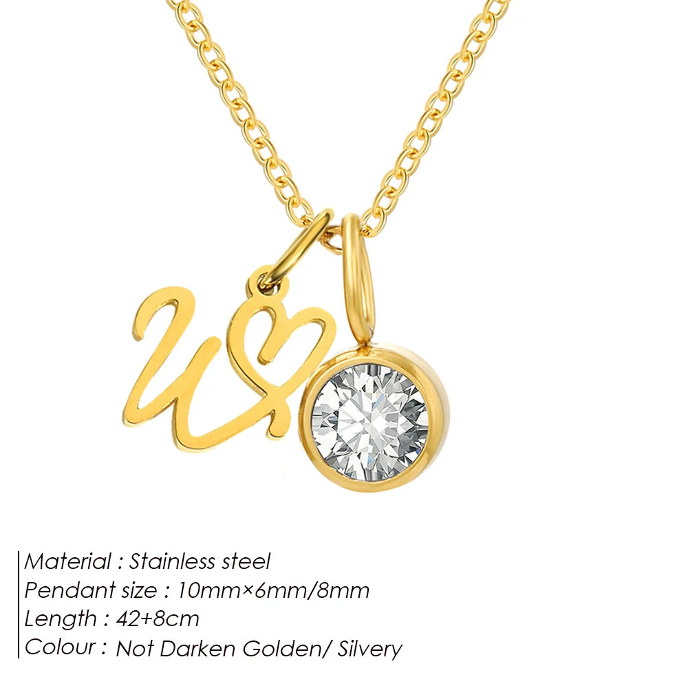 eManco Sparkling Birthstone Necklaces Uppercase Initials A-Z Pendant Stainless Steel Gold Plated Necklace Fashion Women's Jewelr
