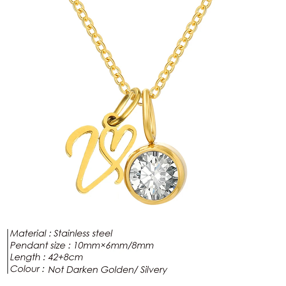 eManco Sparkling Birthstone Necklaces Uppercase Initials A-Z Pendant Stainless Steel Gold Plated Necklace Fashion Women's Jewelr