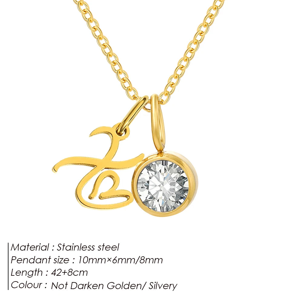 eManco Sparkling Birthstone Necklaces Uppercase Initials A-Z Pendant Stainless Steel Gold Plated Necklace Fashion Women's Jewelr