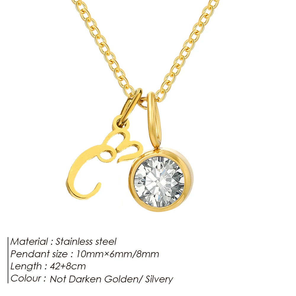 eManco Sparkling Birthstone Necklaces Uppercase Initials A-Z Pendant Stainless Steel Gold Plated Necklace Fashion Women's Jewelr