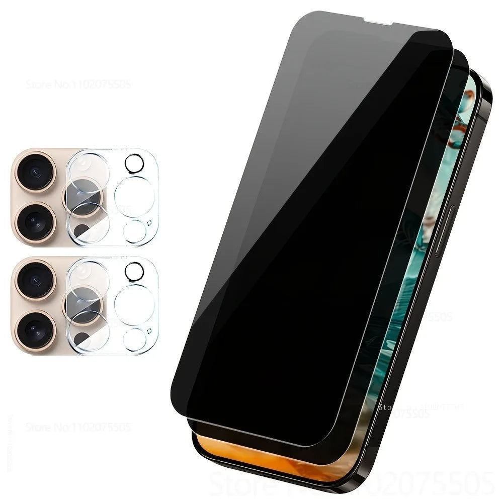 [4-in-1]2Pcs Full Cover Anti-Spy Tempered Glass for IPhone 13 Promax 11 Pro 14 Plus 12 Mini 15 Promax 16E+2Pcs Lens Protective