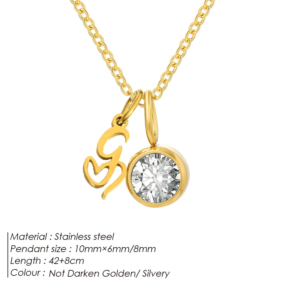 eManco Sparkling Birthstone Necklaces Uppercase Initials A-Z Pendant Stainless Steel Gold Plated Necklace Fashion Women's Jewelr