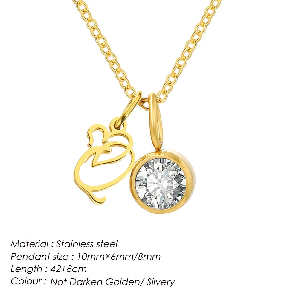 eManco Sparkling Birthstone Necklaces Uppercase Initials A-Z Pendant Stainless Steel Gold Plated Necklace Fashion Women's Jewelr